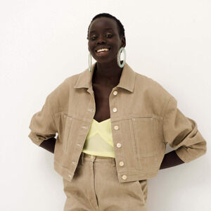 PENNY SAGE Women's Dreyfus Crop Denim Jacket in Sand beige size Small